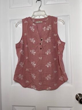 All in Love Sleeveless Dusty Rosy Brown Embroidered Button Henley Blouse